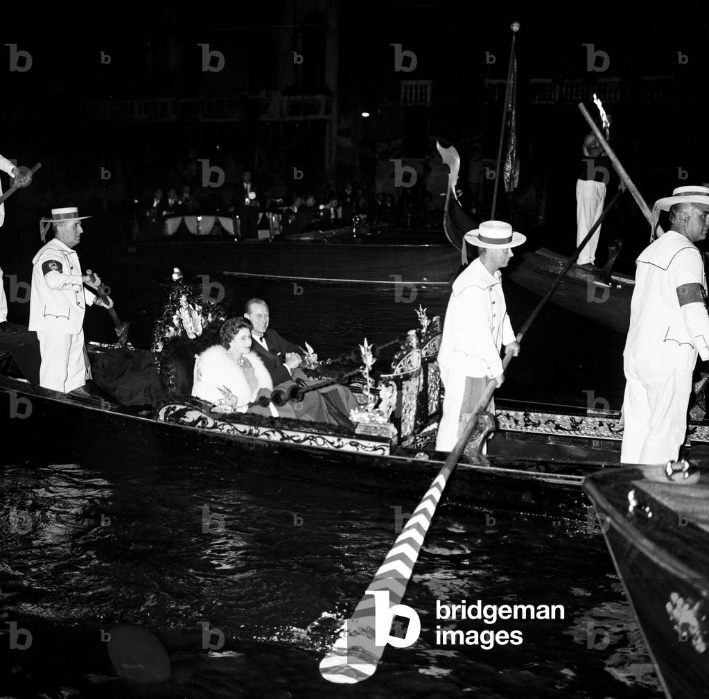 The Queen and The Duke of Edinburgh in Venice on a Gondola. 8th May 1961 (b/w photo)