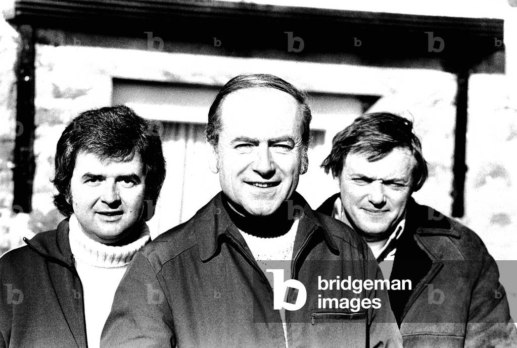 Actors Rodney Bewes and James Bolam of 'Whatever Happened To The Likely Lads' pictured on location in Tyneside with television producer and head of comedy at the BBC, James Gilbert. 12th October, 1973 (b/w photo)