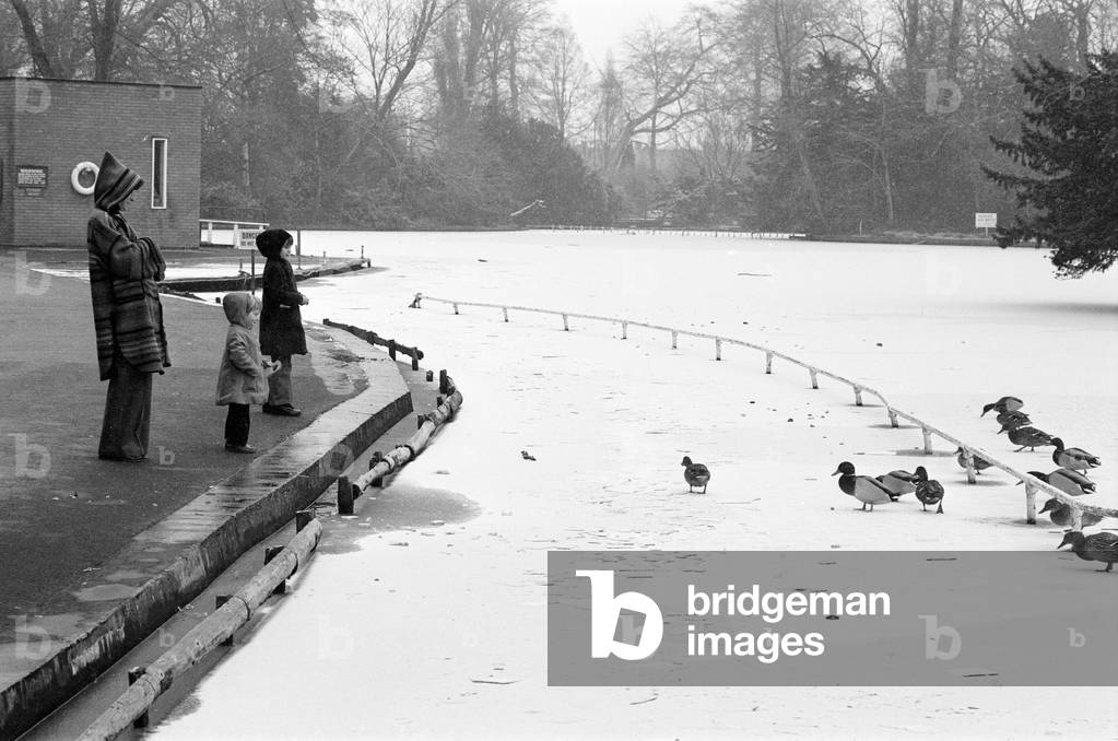 Frozen Lake, Cannon Hill Park, Birmingham, England, 12th February 1978 (b/w photo)