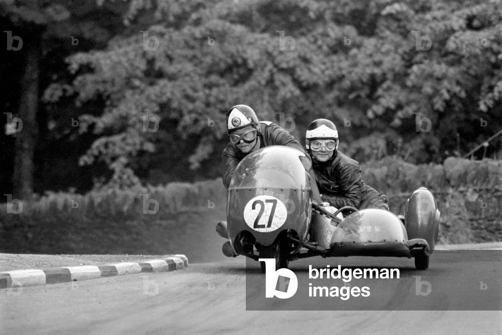 Sport Motorcycling: Isle of Man TT Racing 750 CC Sidecar Class. Action from the race, June 1969
