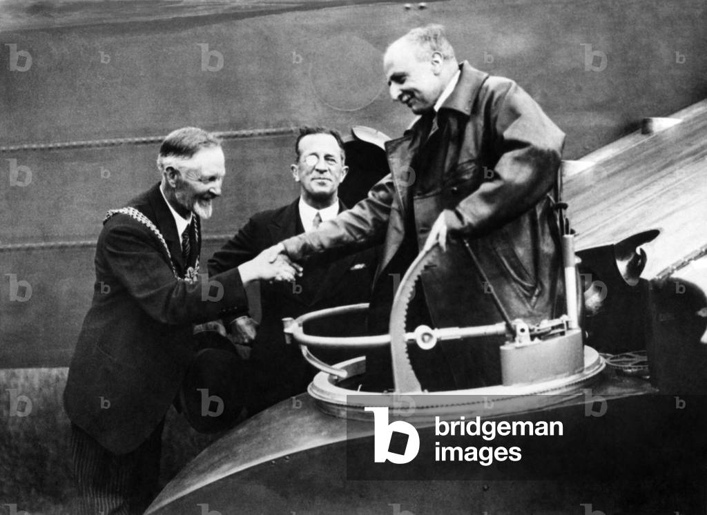 Louis Bleriot at Dover on his 21st anniversary of his First Channel Flight. July 1929 (b/w photo)