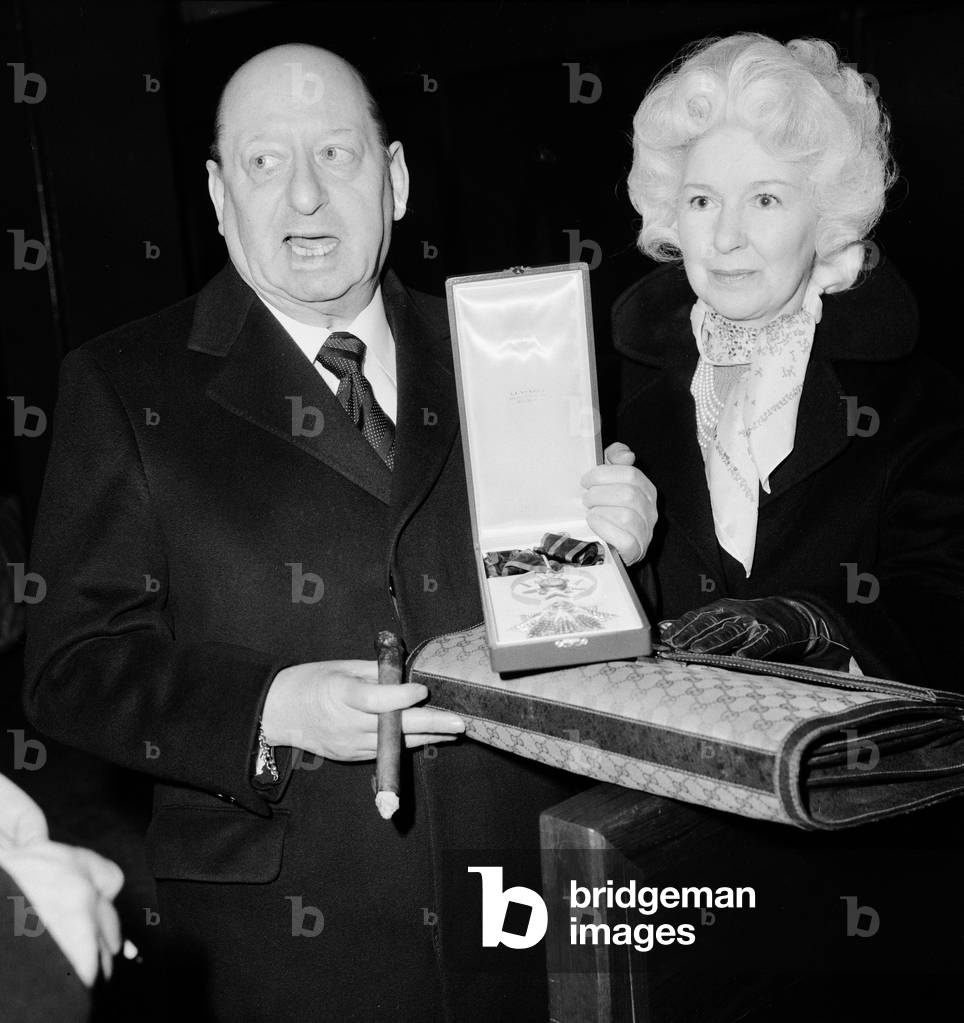 Media Mogul Lew Grade, head of ATV television, arrives at Heathrow Airport with his wife Lady Grade, 16th January 1979 (b/w photo)