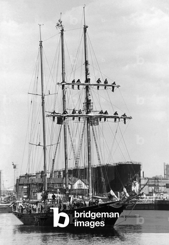 The sail training ship The Winston Churchill seen here awaiting to berth at Middlesbrough Dock 15th June 1973 (b/w photo)