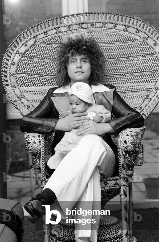Marc Bolan with girlfriend Gloria Jones and their baby son, Rolan Bolan - born 26th September 1975 - pictured 8th January 1976.