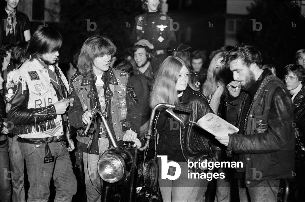Youth Culture - Rockers Hells Angels Bikers Wedding Ceremony - as Mick and Geraldine get married, 27/10/1969 (b/w photo)