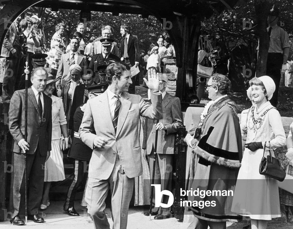 Prince Charles (Future Charles III) waves to the crowds after visiting Marton Church, 1978 (b/w photo)