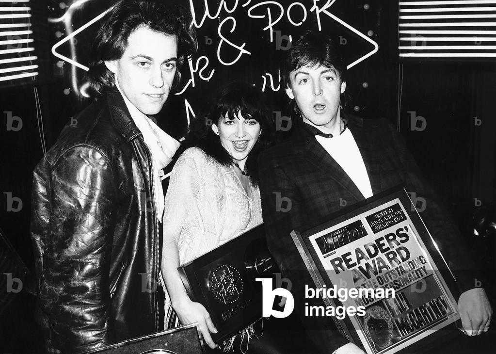 Kate Bush with fellow pop singers Bob Geldof and Paul McCartney at The British Rock and Pop Awards, 26 February 1980 (b/w photo)