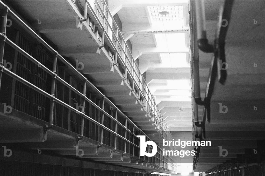 Interior of a cell block in Alcatraz prison, San Francisco Bay. September 1979 (b/w photo)