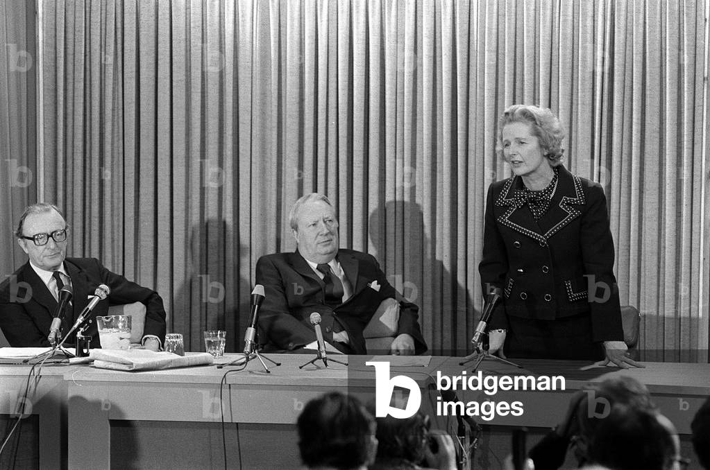Margaret Thatcher and Edward Heath at press conference at the Conservative head quarters, February 1974 (b/w photo)
