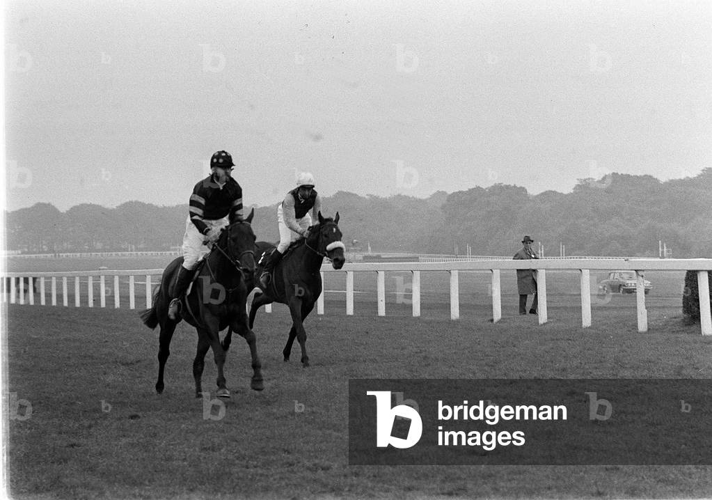 Clement Freud leads Sir Hugh Fraser pass the post to win the horse racing match at Haydock, September 1972