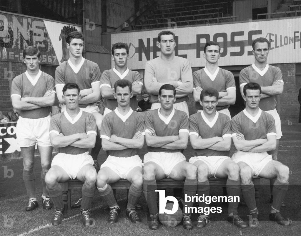 Abderdeen FC pose for a pre season group photograph 1961 -1962. They are back row left to right: Ian Burns, Doug Coutts, Doug Fraser, John Tubby, Ogston, Andy Cadenhead and Hugh Baird. Front Row: Bobby Cummings, Billy Little, captain Jimmy Hogg, Charlie Cooke and George Mulhall (photo)