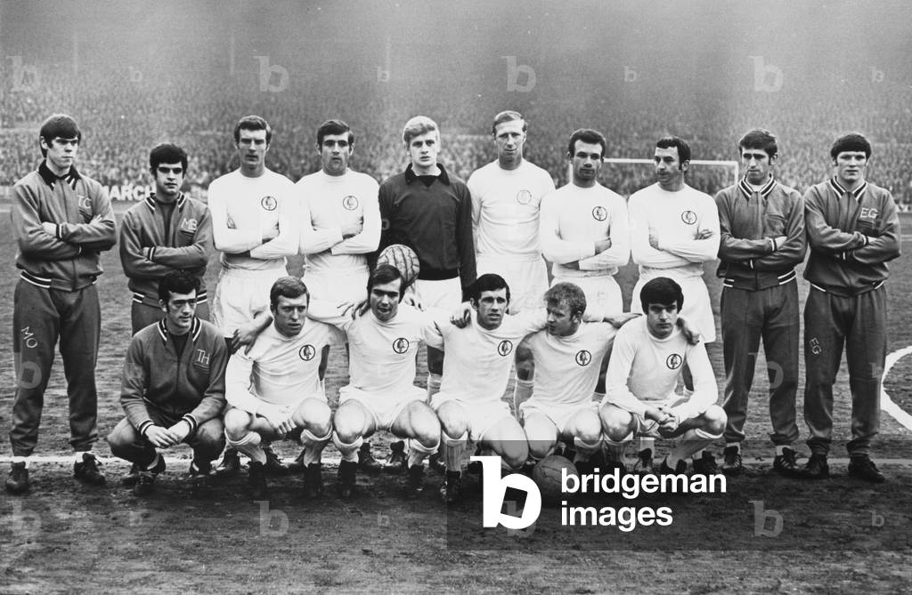 The Leeds United team pool of players who won the League Championship in season 1968/69. They are left to right (back row), Douglas Harvey, Nick Bates, Paul Madeley, Norman Hunter, Garry Sprake, Jack Charlton, Paul Reaney, Mike O'Grady, Ron Belfitt, Eddie Gray. Front Row left to right: Terry Hibbit, Mick Jones, Terry Cooper, Johnny Giles, Billy Bremner and Peter Lorimer6th May 1969 (photo)