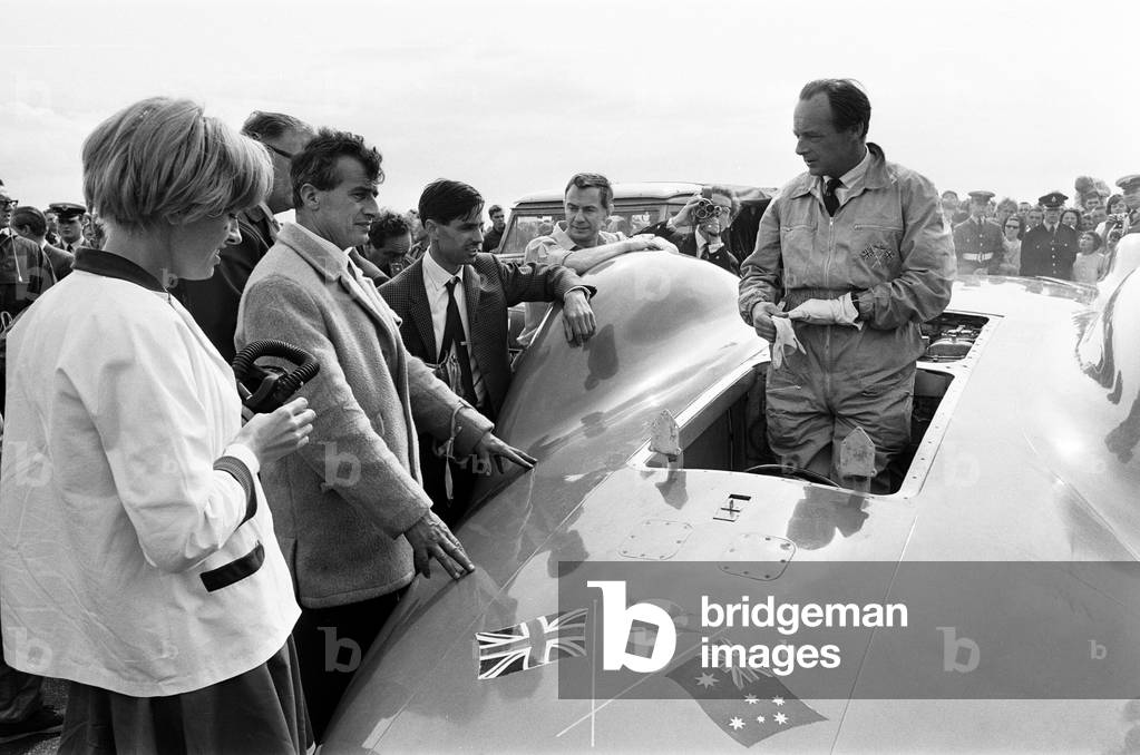 Proteus Bluebird, the car in which Donald Campbell broke the World Automobile Speed Record has has now made its last run, at 5 mph, at RAF Station, Debden, Essex, 19th June 1966.