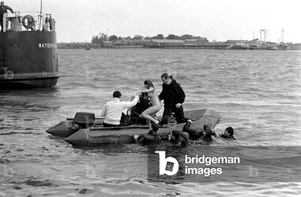 Entertainment. Military Navy: Twenty ships divers from H.M.S. Hermes joined in with 14 year old Janet Abercombie the English and Welsh Diving Champion, making a forbidding 45 ft dive into Portsmouth Harbour from the top deck of H.M.S. Hermes. It was all in aid of promotion shots for a special edition of Thames Television's 
