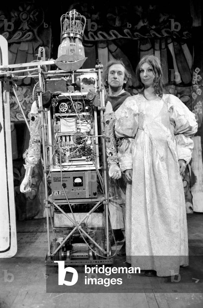 Unusual: Theatre. Machine. The Robot, Anne, Queen of France - actress Jill Bruce, and the inventor Bruce Lacey, whose head pops up from the stage floor at the Royal Court Theatre. January 1970