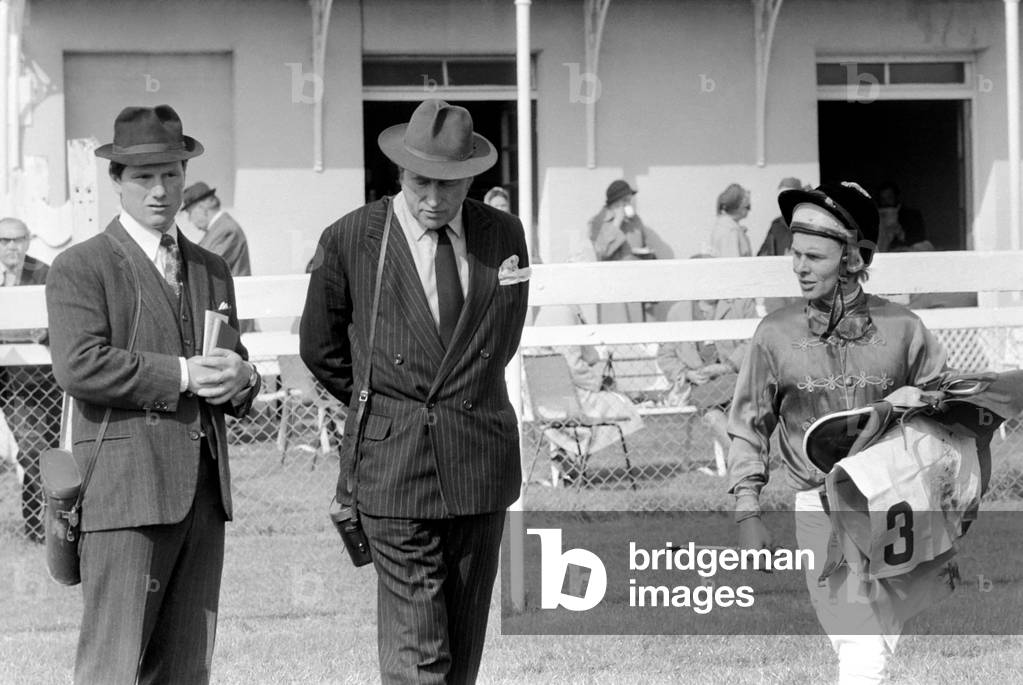 At West Ilsley, Berks trainer Major W. R. Hern stands in front of the 13 horses for the Queen, April 1977 (b/w photo)