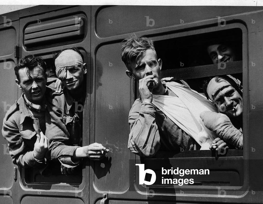Wounded soldiers on hospital train passing through France, 31st May 1940 (b/w photo)