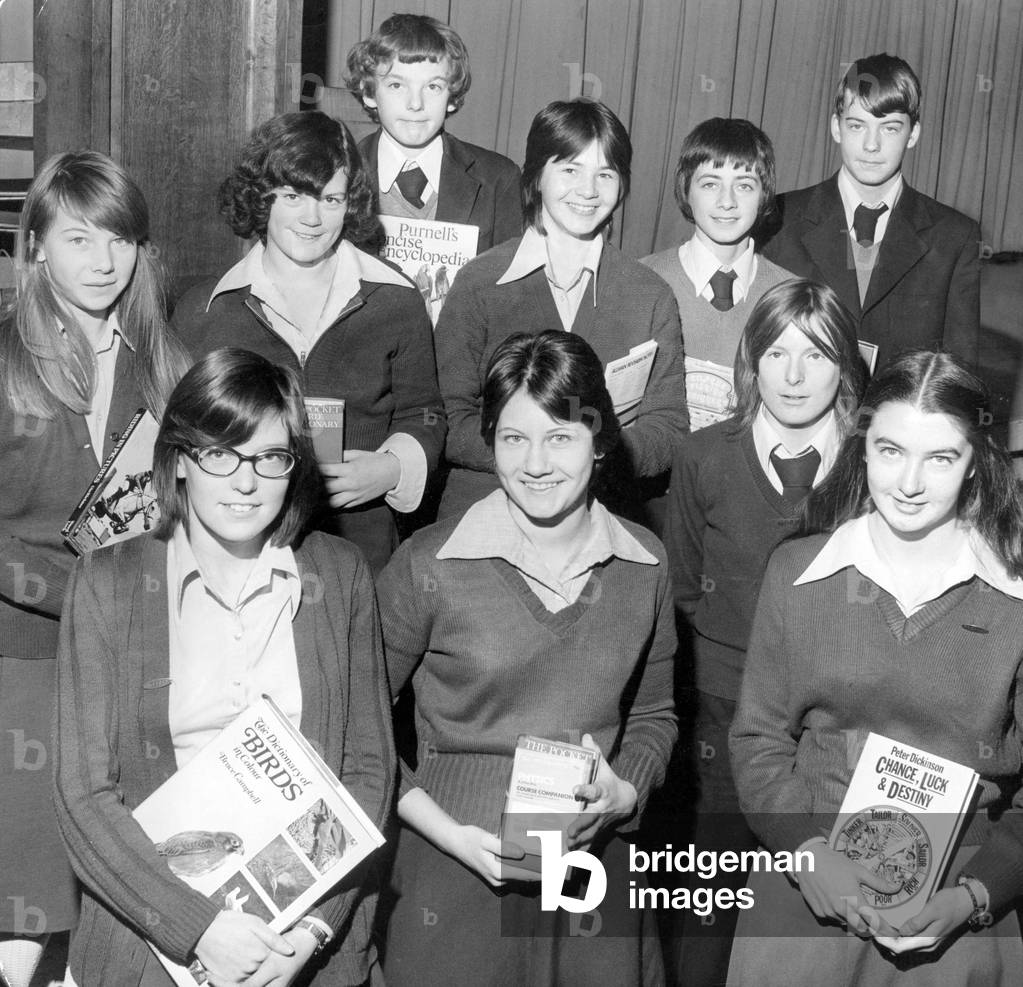 Pupils of Brunner School, Billingham, who will be among the prizewinners at the presentation tonight include, front row L- R Zoe Goulding, June Hutch and Wendy Murray (all ICI prizes for achievement.) Back, L- R Penelope Thompson, Susan Barnes, Darren Spencer, Joy Dale, Craig Richardson, head boy Colin Drummond and Jonathan Cranston (all form prizewinners). 23rd November 1976 (b/w photo)