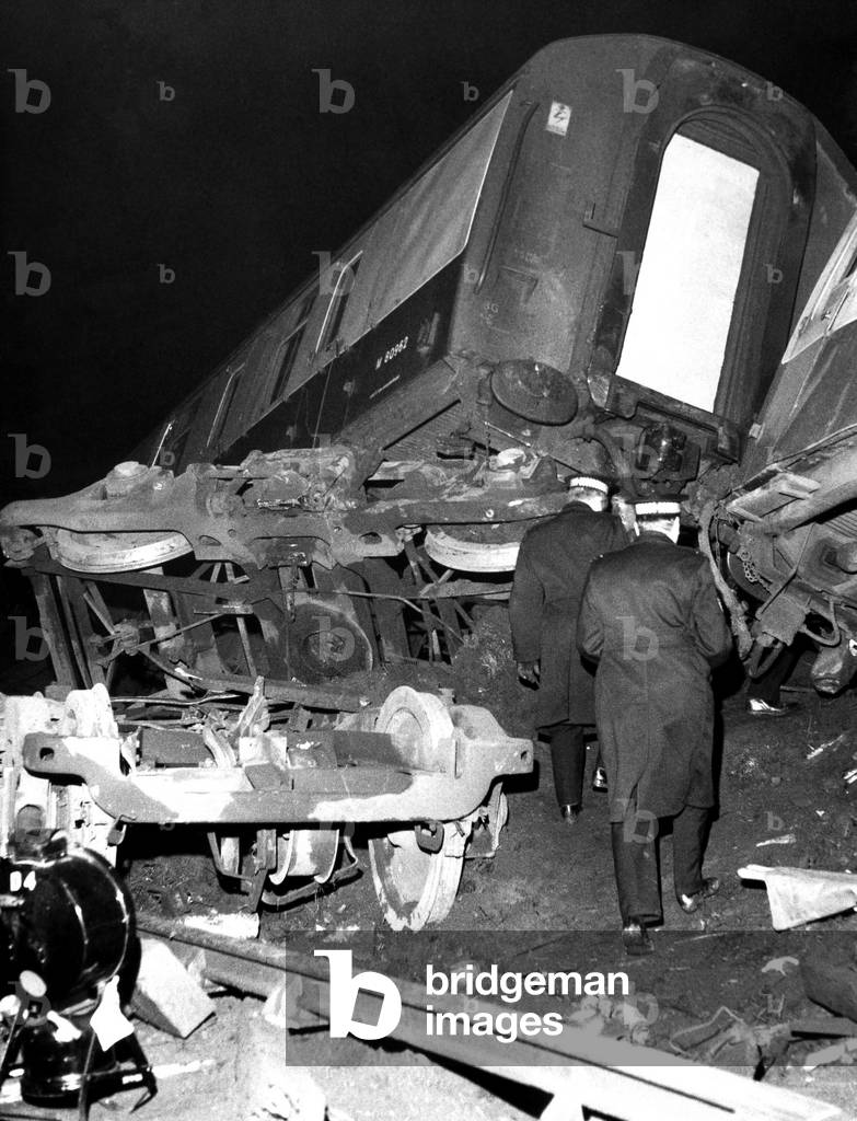 The crash of the Kings Cross to Aberdeen sleeper train called The Royal Northumberland Fusiliers at Morpeth on May 7th, 1969 (b/w photo)
