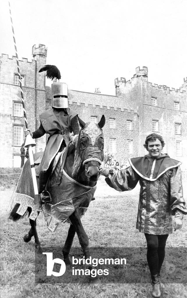 Some of the people taking part in a jousting competition at Lumley Castle, Chester-Le-Street in May 1972 (b/w photo)
