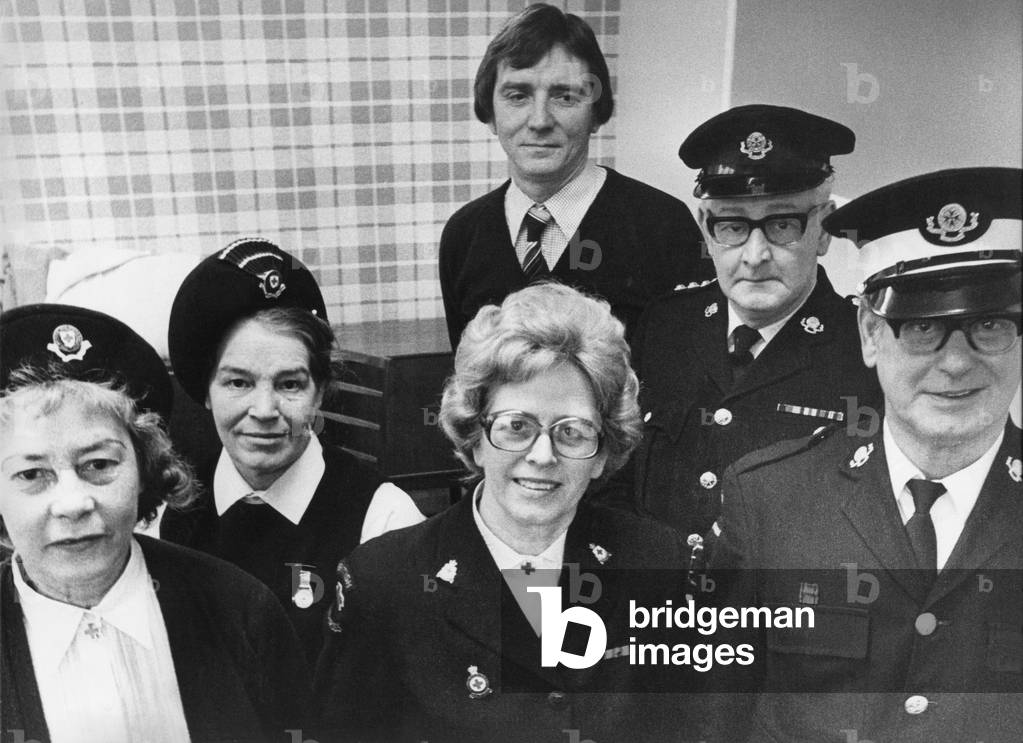 Emergency Services team - (l - r) Irene Haak, Whickham Red Cross, June Thompson, Newcastle Red Cross, Roberta Walker, Whickham, Allan Calvert, Newcastle Red Cross, Bill Clough, Killingworth St John Ambulance and Tom Gettings, Walkergate St John ambulance, c.1970