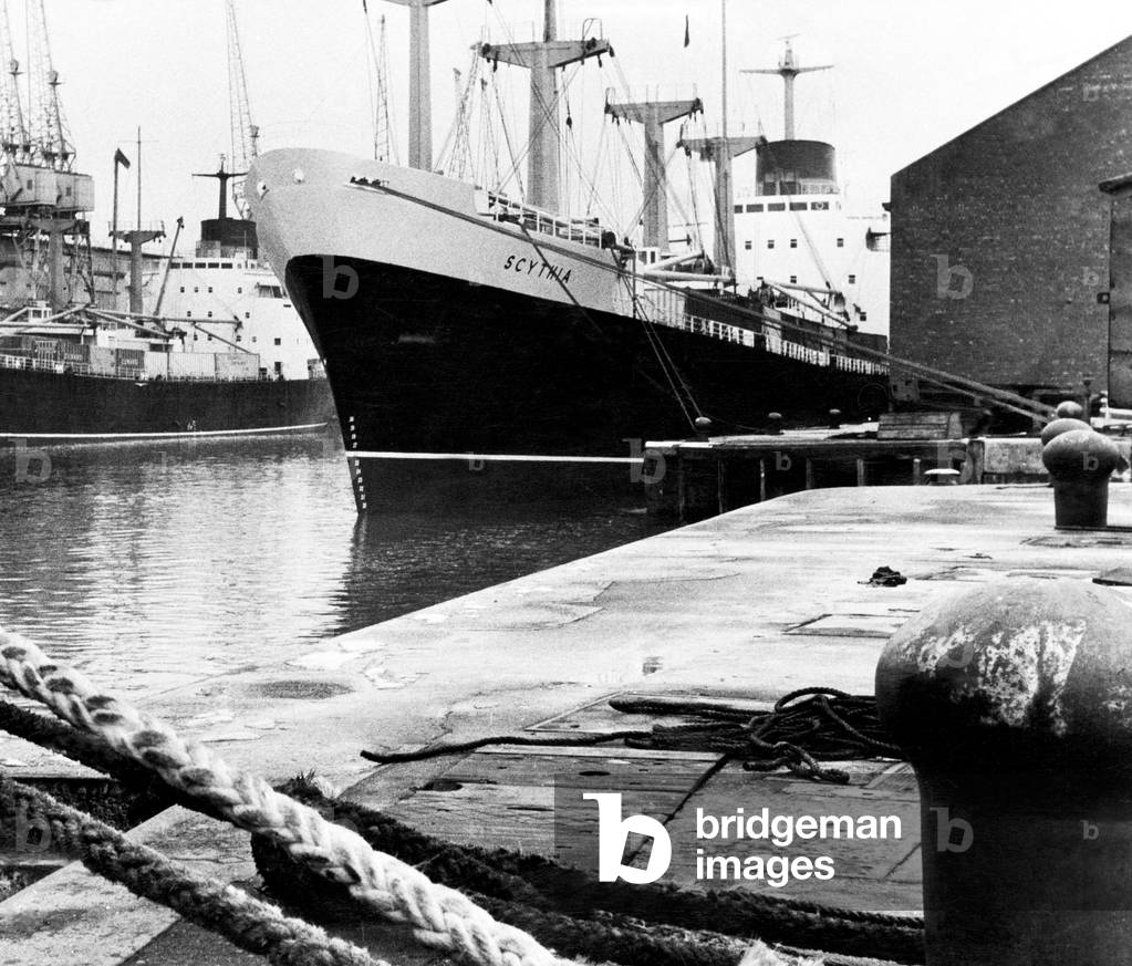 The Cunard vessel Scythia waits for the American Dock strike to finish before leaving her Huskisson Dock berth. 10th February 1969 (b/w photo)