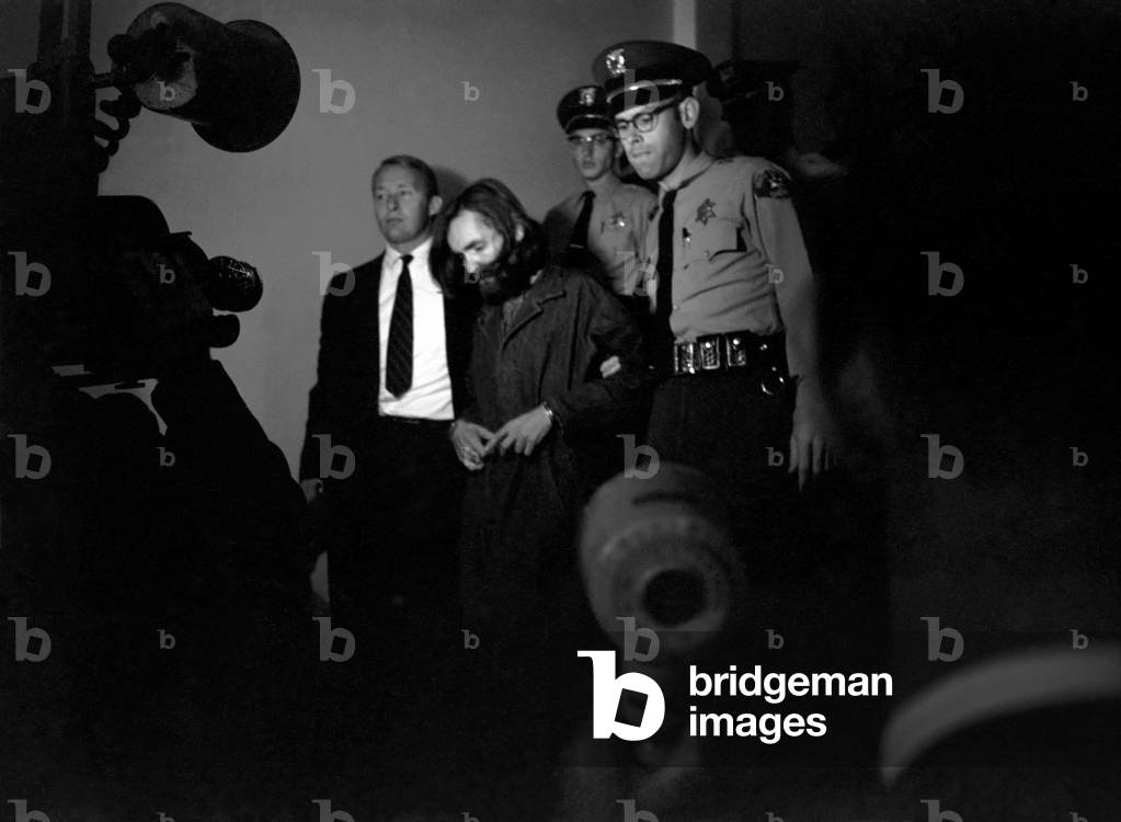 Accused murderer being led to and from court house in Inyo County, California.He is Charles Miller Manson, aged 34 years, 5th December, 1969