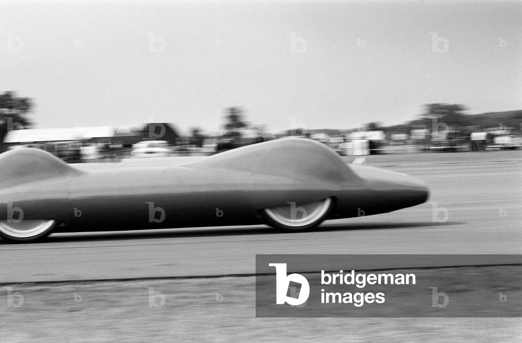 Proteus Bluebird, the car in which Donald Campbell broke the World Automobile Speed Record has has now made its last run, at 5 mph, at RAF Station, Debden, Essex, 19th June 1966.