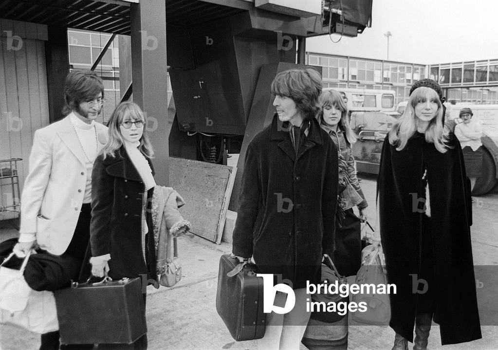 John Lennon with wife Cynthia and George Harrison and his wife Patti Boyd at Heathrow Airport off to India, February 1968 (b/w photo)