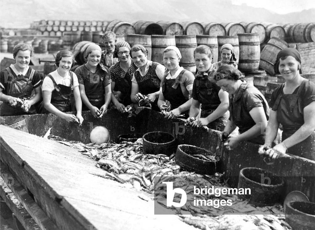 Study Scottish fisher lassies from Fraserburgh and Lossiemouth, who have arrived at North Shields for the herring curing season in 1934 (b/w photo)