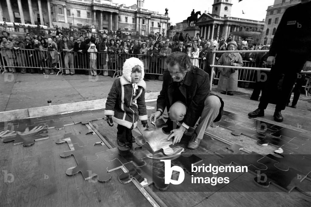 The NCH giant jig saw campaign in Trafalgar Square, March 1975 (b/w photo)