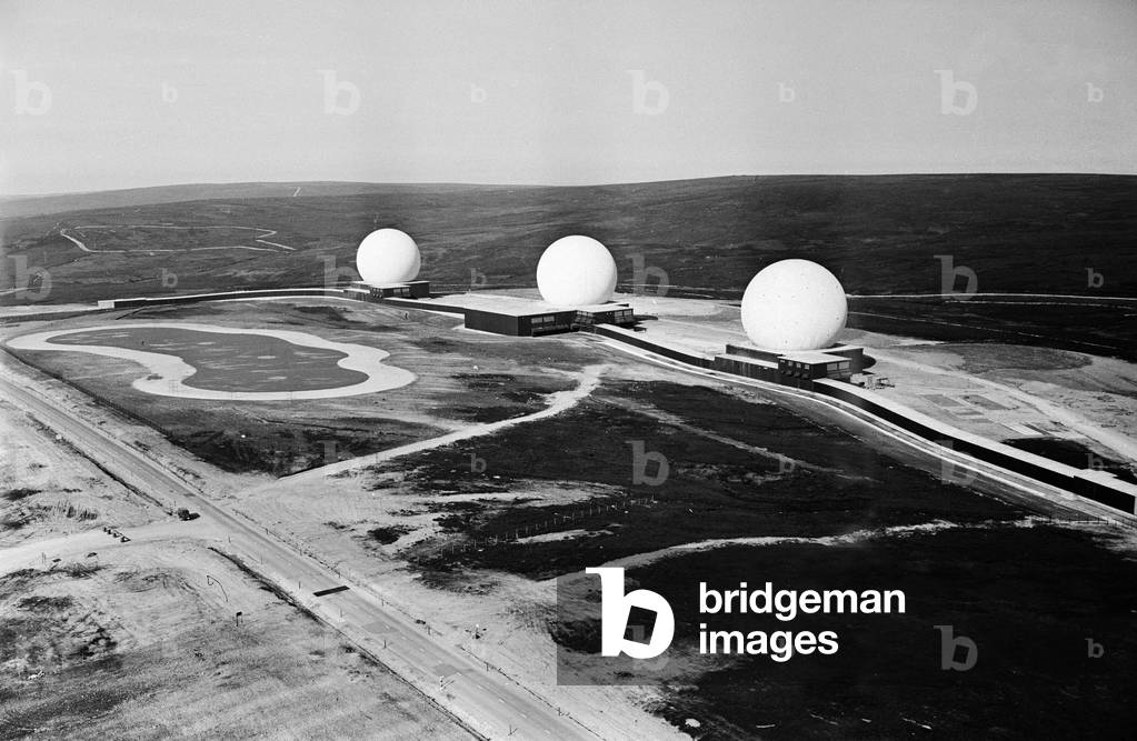 Fylingdales Royal Air Force station on Snod Hill in the North York Moors, England. A radar base and part of the United States-controlled Ballistic Missile Early Warning System (BMEWS) 1963 (b/w photo)