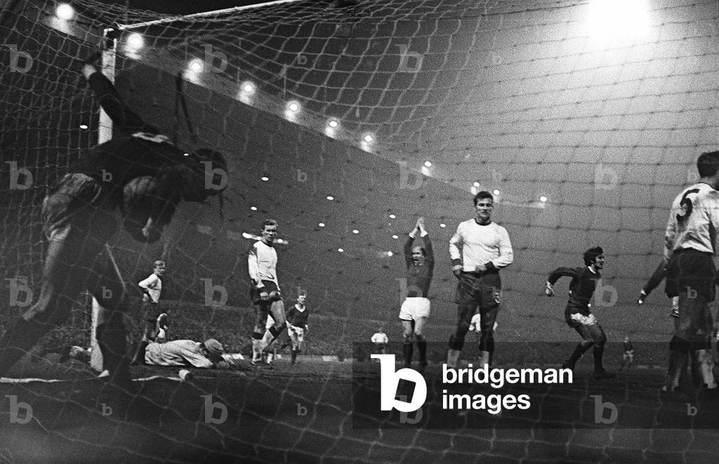 Manchester United players celebrate against Gornik March 1968 among them skipper Bobby Charlton and George Best in the quarter final of the European Cup in Old Trafford which United won 2-0 (photo)