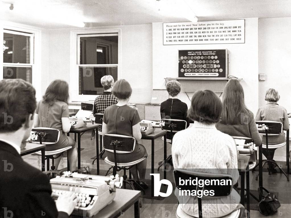 Rosemary park aged 16 sits in a happy trance at her typewriter her eyes fixed on flashing coloured lights on a board, her ears tuned to commands rasped out by a recorded voice during a touch typing class in central London. April 1967