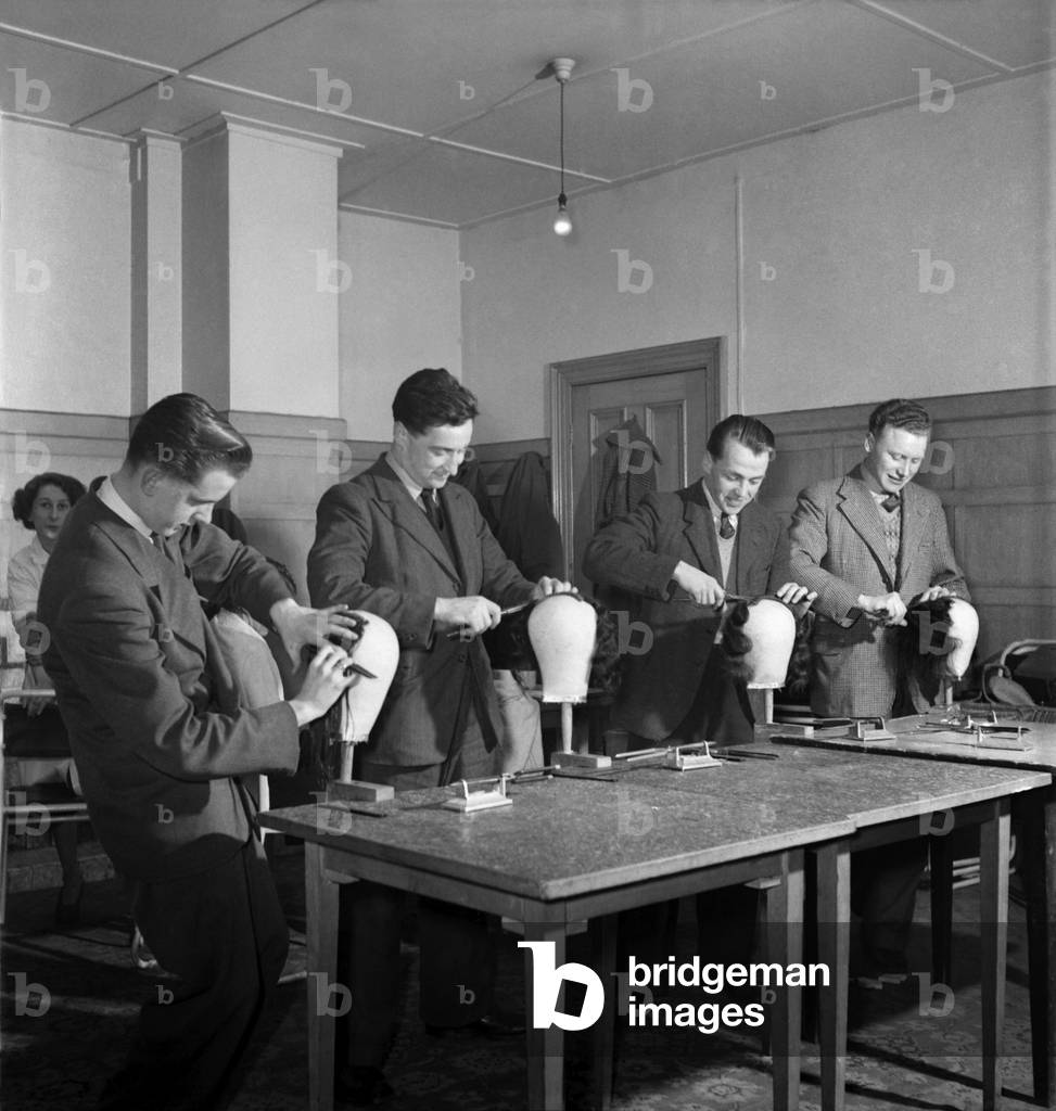 Male apprentices learn ladies hairdressing. March 1952 C1272