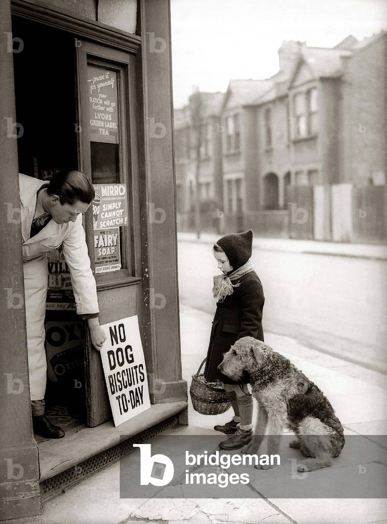 Little Girl wearing woolly hat, coat and scarf, standing outside corner shop grocers with her dog, March 1942 (b/w photo)