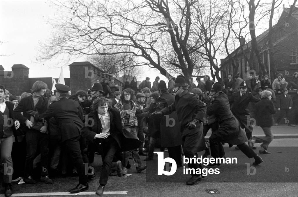 Students demonstration against the Springboks and apartheid system. 
Students charge through the line of policemen in Talbot road, but not many got past. 
December 1969