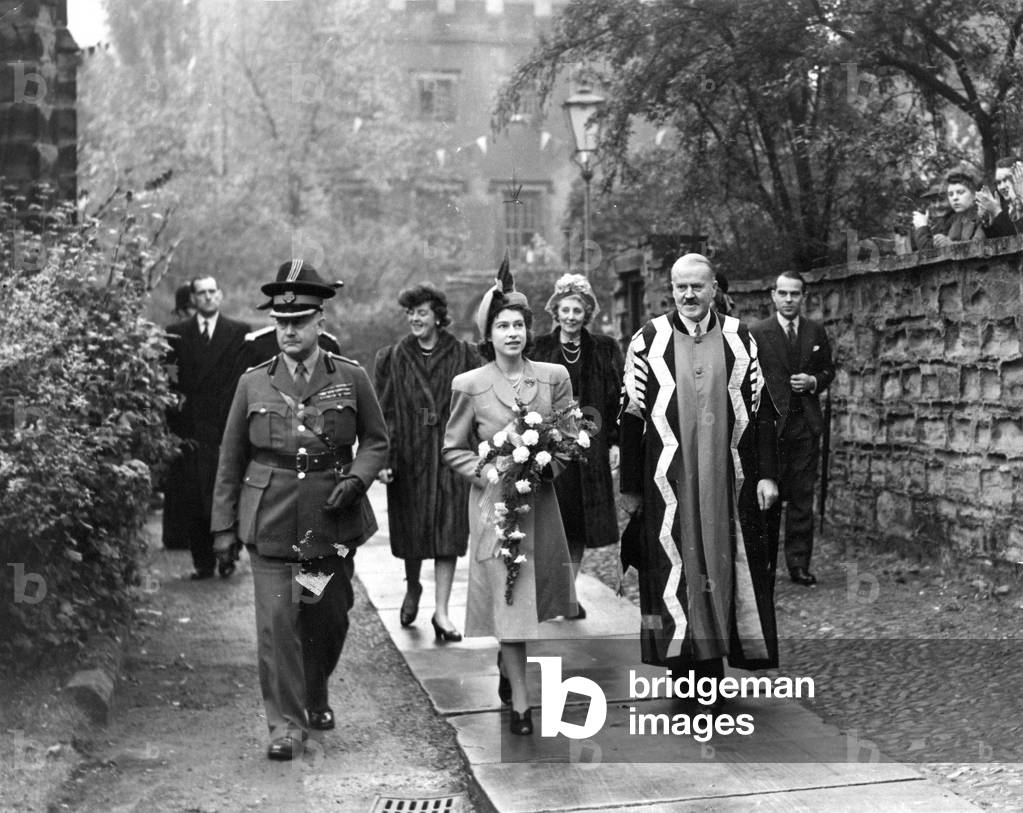 Queen Elizabeth II, Princess Elizabeth visits Durham with Dr J F Duff, warden of Durham Colleges and Colonel R Chapman, Lord Lieutenant of the Courty Durham, 23/10/1947