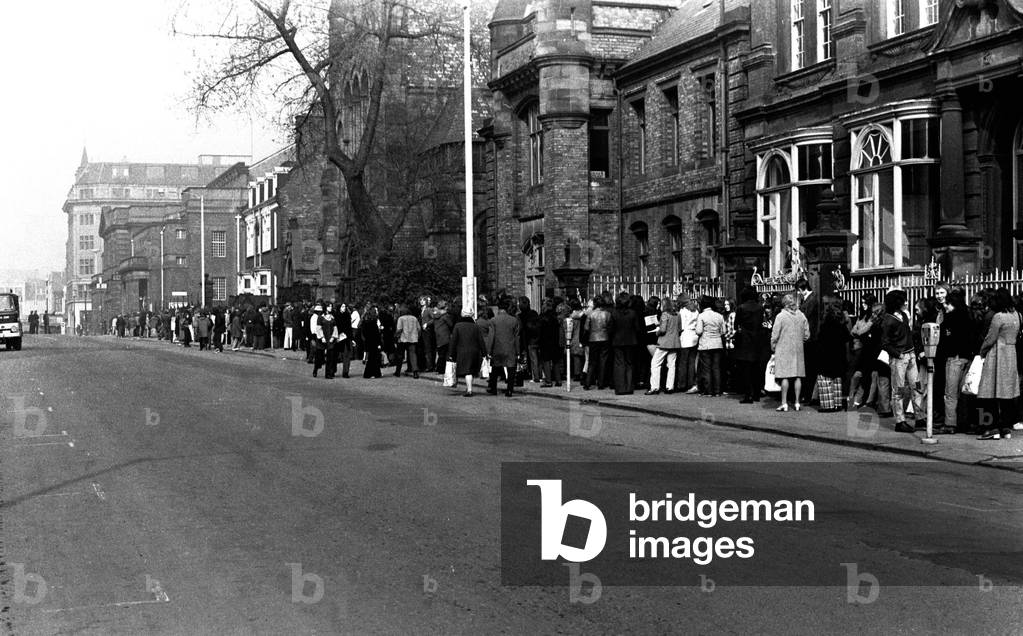 Newcastle City Hall was besieged by thousands of pop-crazy youngsters all clammouring for tickets for next month's T-Rex concert, 20 May 1972 (b/w photo)