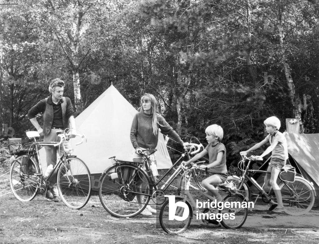 Family on Camping and Cycling Holiday, 8th January 1976 (b/w photo)