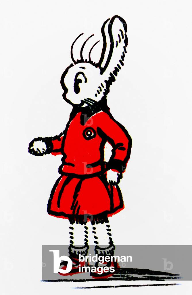 Ruby Rabbit from the Bobby Bear cartoon strip of the Daily Herald newspaper. Ruby was a friend of Bobby Bear who was a young male bear character based on the Steiff Teddy Bear which was popular at the time of his creation in 1919. His friends were Ruby Rabbit and Maisie Mouse. Bobby was the first bear to appear as a daily cartoon character in the United Kingdom, pre dating Rupert Bear by a year., c. December 1930 (b/w photo)