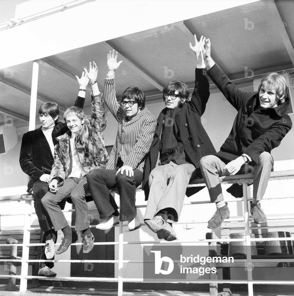 The Manfred Mann group pictured on the ship Chusan before they sail from Southampton. 5th November 1966 (b/w photo)