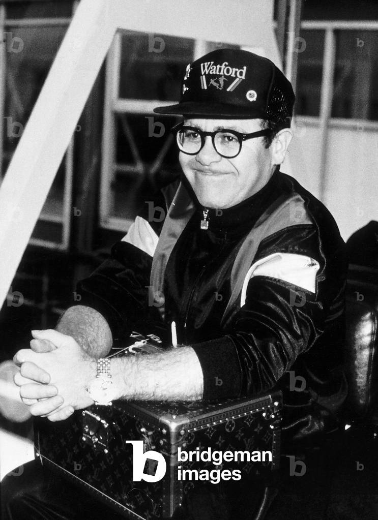 Elton John the singer and chairman of Watford FC May 1989 (b/w photo)