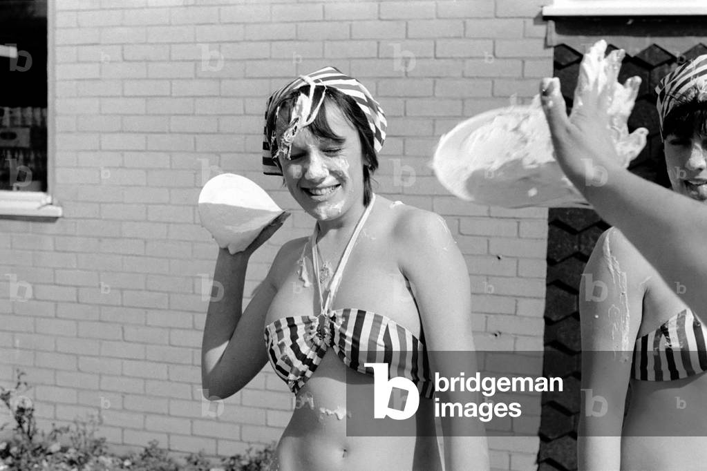 Throwing Custard Pies, April 1977 (b/w photo)