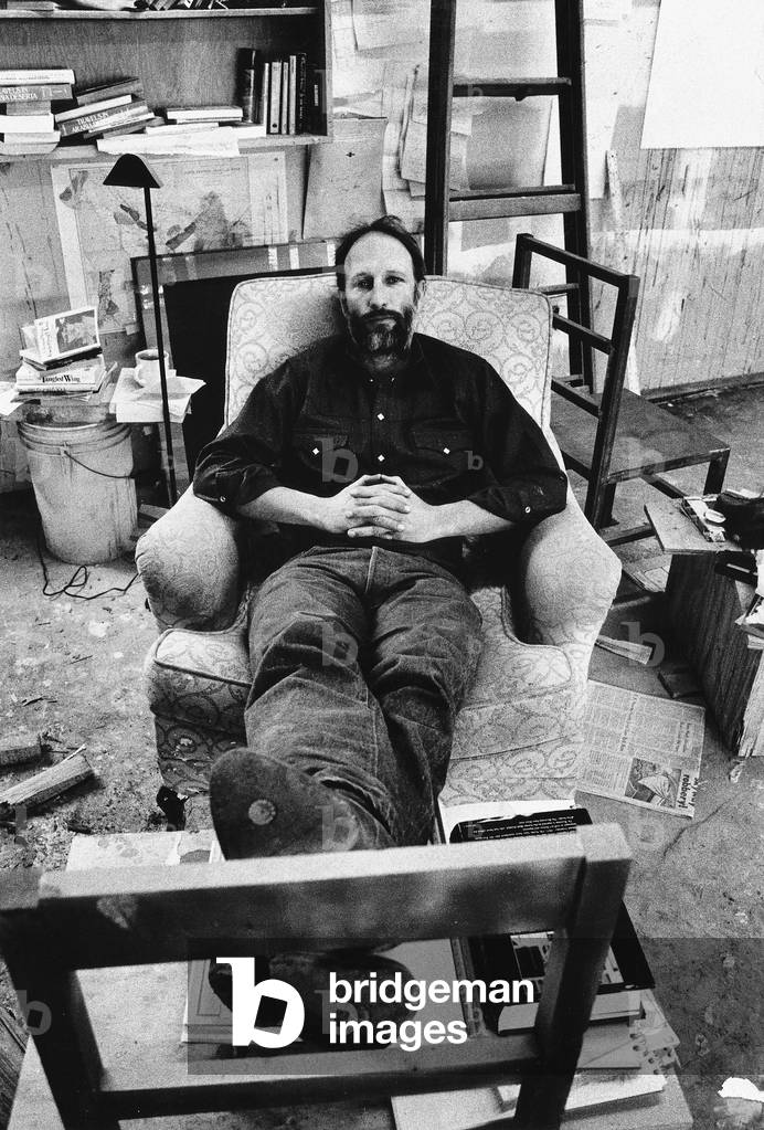 Bruce Nauman, in his home and studio, New Mexico, 1984 (b/w photo)