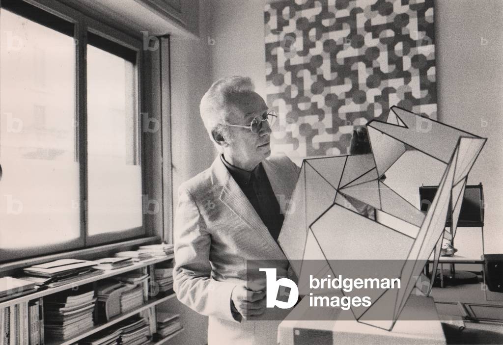 Bruno Munari in his studio, Milan, Italy, 1980 (b/w photo)