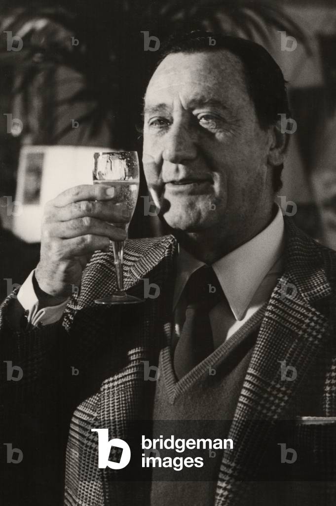Alberto Sordi, Terrazza Martini, Milan, Italy, 1985 (b/w photo)