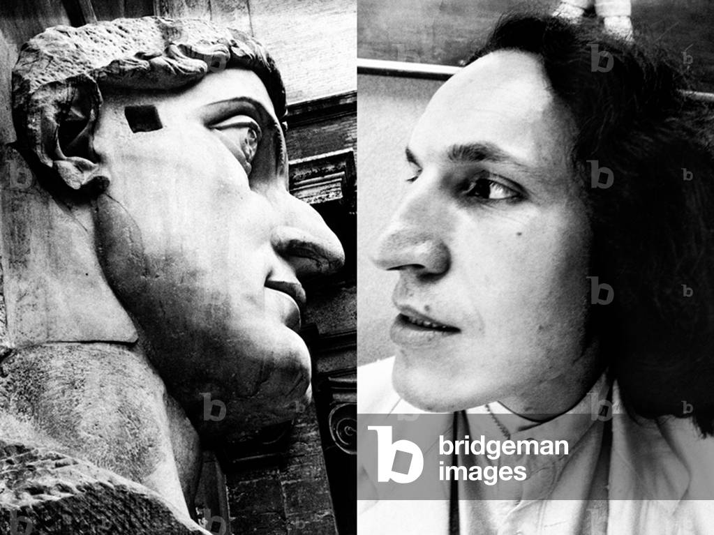 The Emperor and the Artist, portrait of Luigi Ontani and of the sculputre of Constantine, Rome, Italy, 1978 (b/w photo)