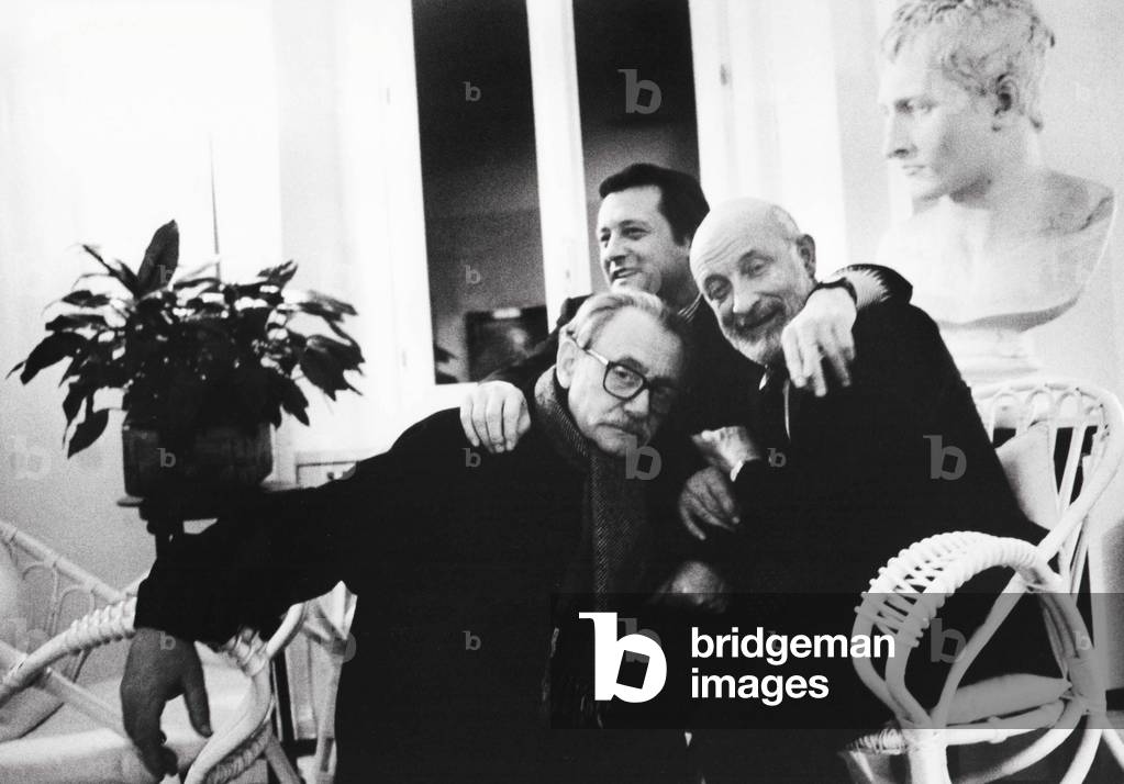 Ettore Sottsass, Vittorio Gregotti and Pierluigi Cerri, Milan, Italy, 1978 (b/w photo)