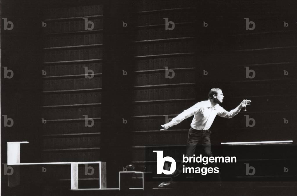 Bob Wilson on state at Strehler Theatre, Milan, Italy, 1978 (b/w photo)